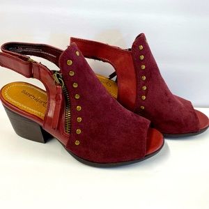 Bear Traps Womens Size 5 Ankle Boots Burgundy Suede Leather Heel and toe Cut Out